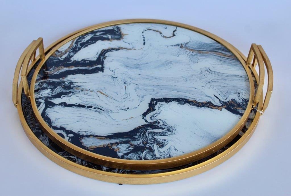 Set Of 2 Black & White Marbled Round Trays